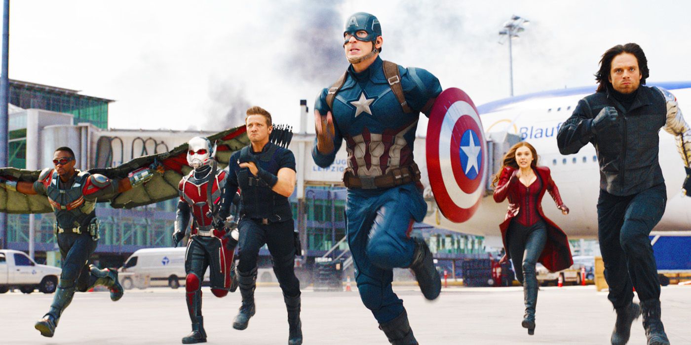 Sam Wilson's Falcon, Scott Lang's Ant-Man, Clint Barton's Hawkeye, Steve Rogers' Captain America, Wanda Maximoff, and Bucky Barnes running at an airport in Captain America: Civil War