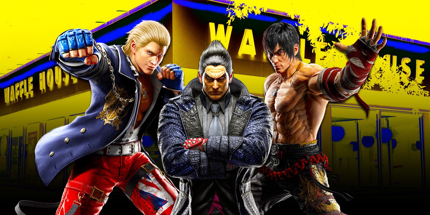 Tekken 8 characters with a Waffle House in the background.