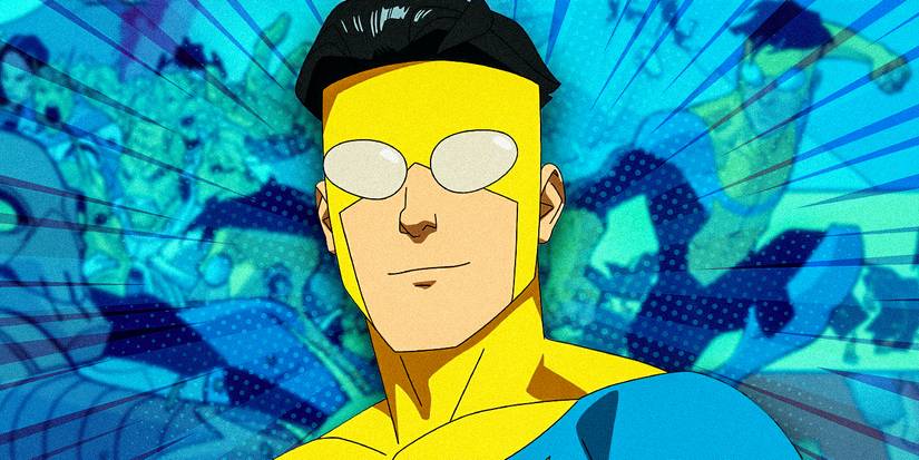 Invincible (center) against a backdrop of action from the TV series/comics.