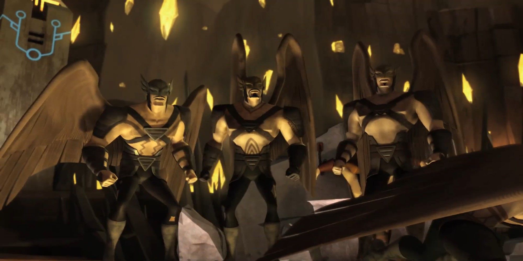 Ladinos Thanagarianos parecendo ameaçadores em Lanterna Verde, a série animada.