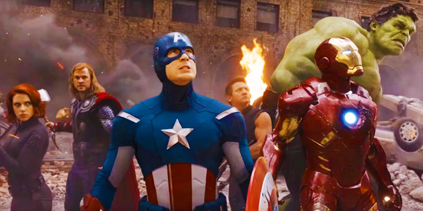 The Avengers fighting together for the first time in The Avengers