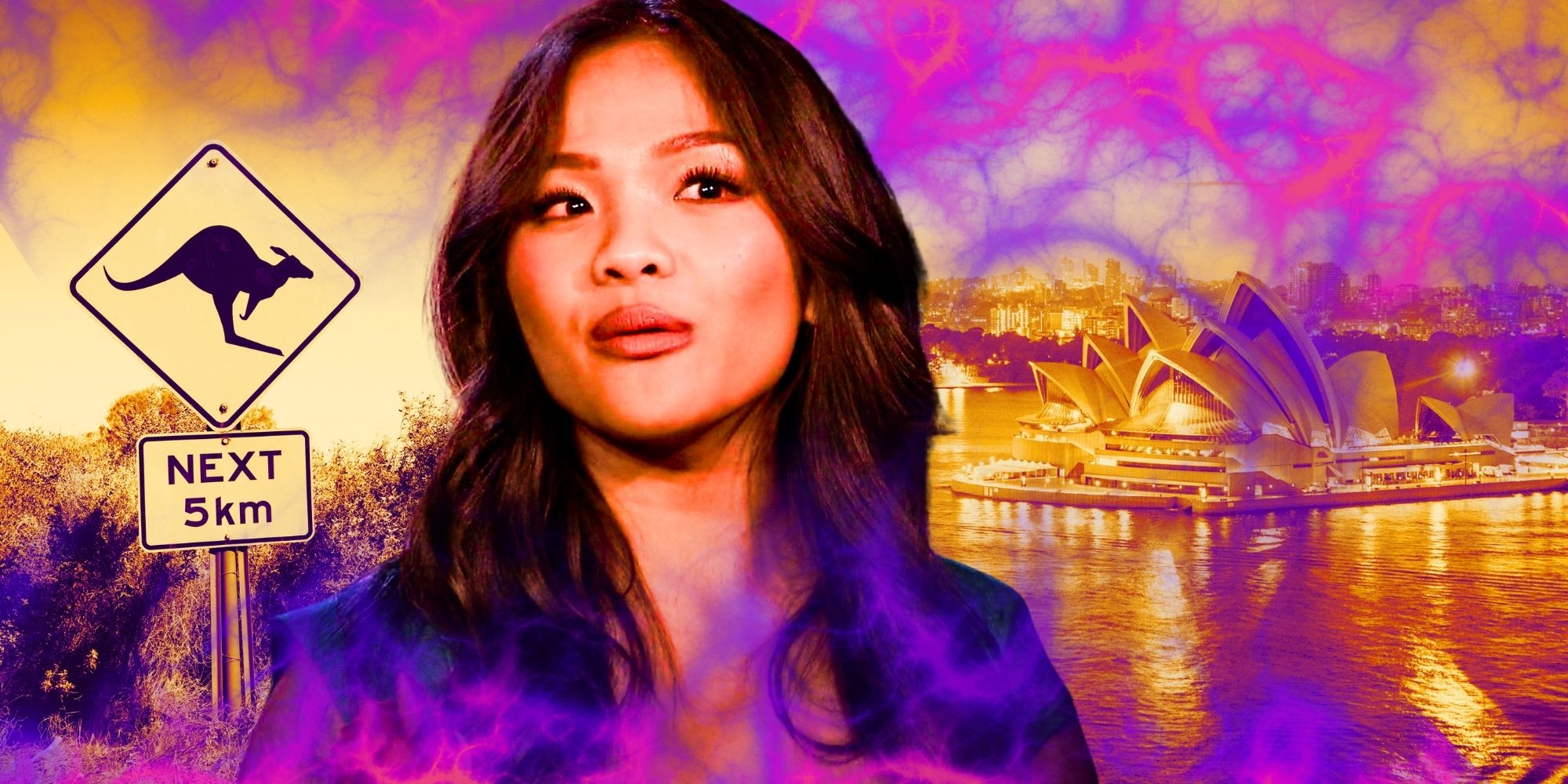 The Bachelorette's Jenn Tran looks serious, with the Sydney Opera House in the background.