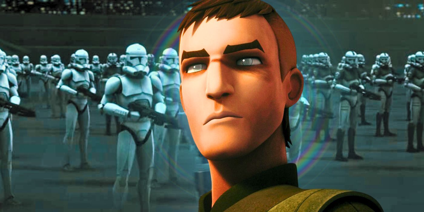 Kanan Jarrus stands with his shaved haircut and blinded eyes in front of a group of clone troopers shaded grey in Star Wars