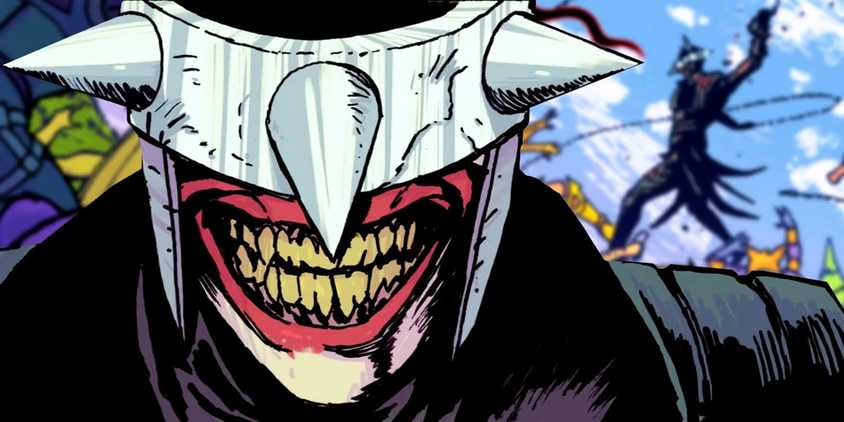 Comic book art: a close up of the Batman Who Laughs.