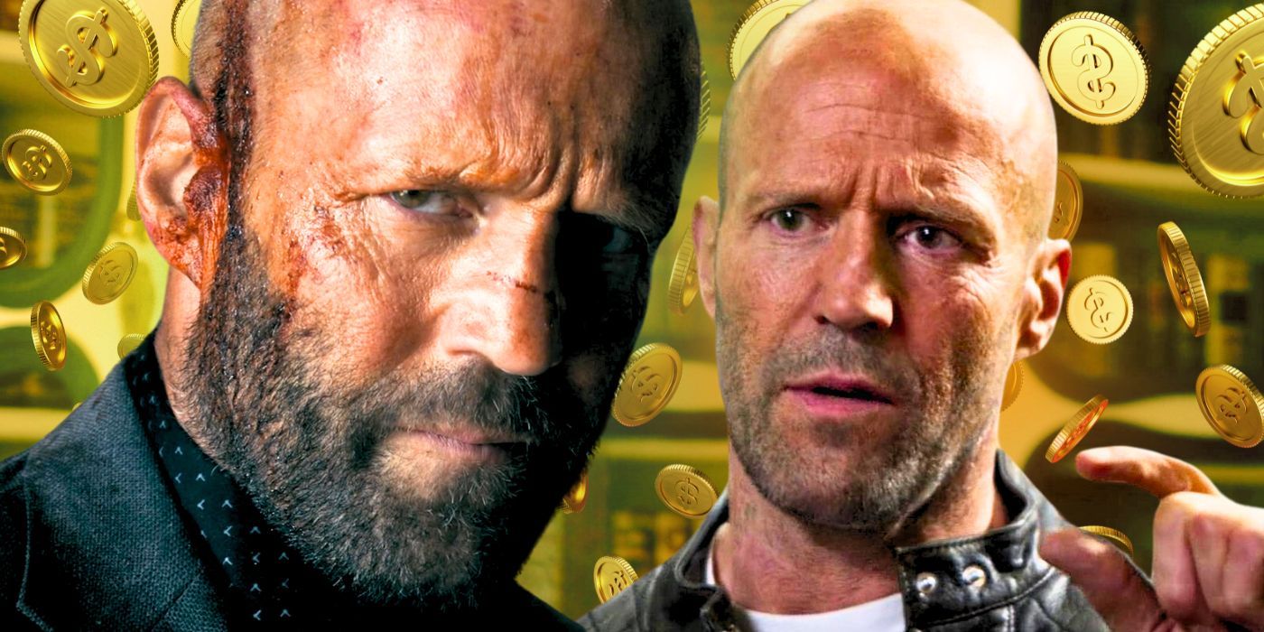 Jason Statham in The Beekeeper and Jason Statham as Adam Clay looking series in Expendables with coins behind him