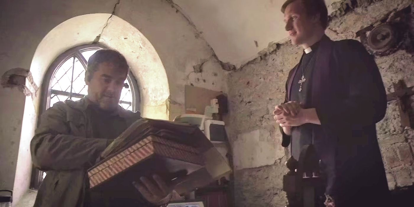 The Borderlands Priest standing next to a man reading a book