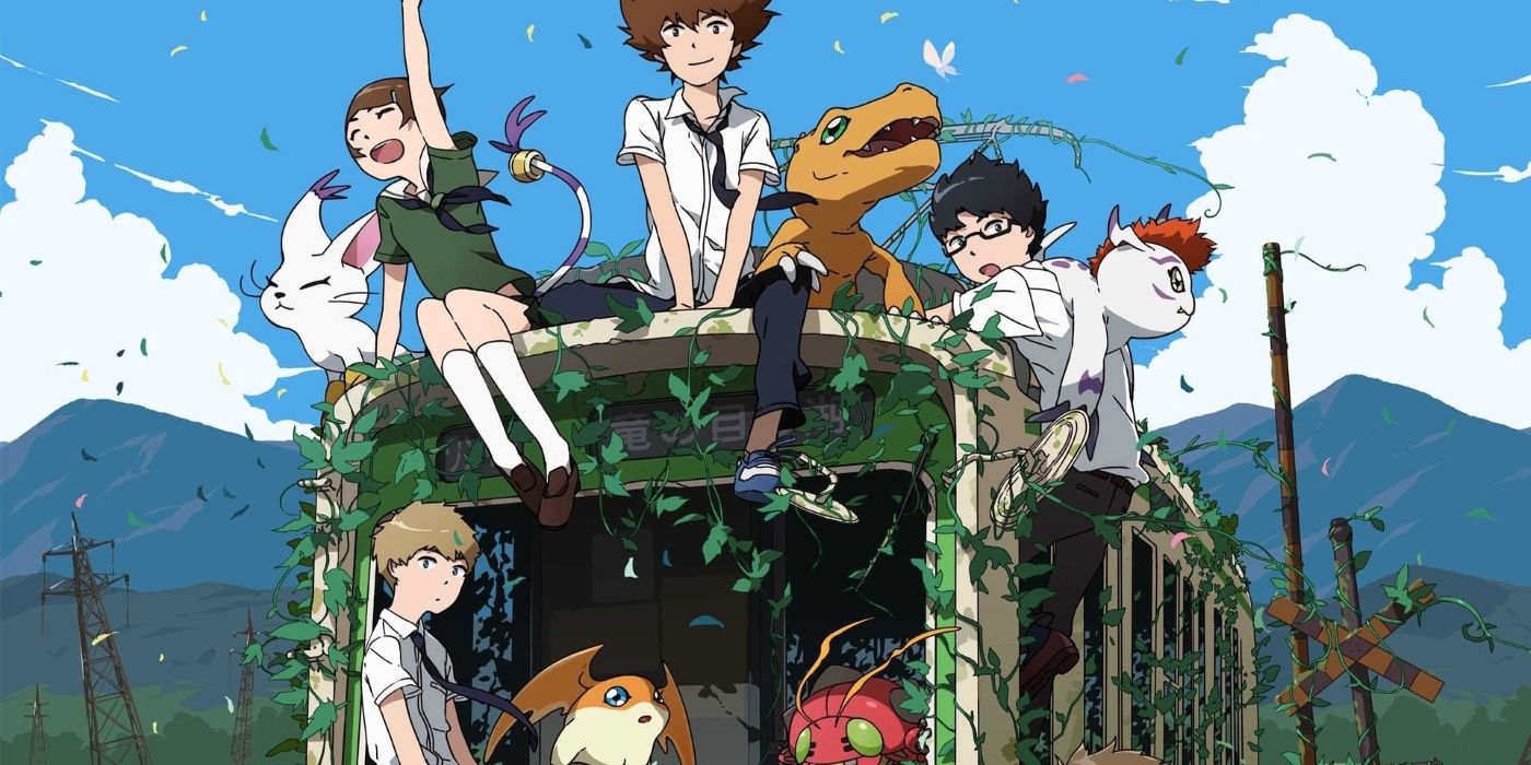 O elenco de Digimon Tri sentado em um trem abandonado