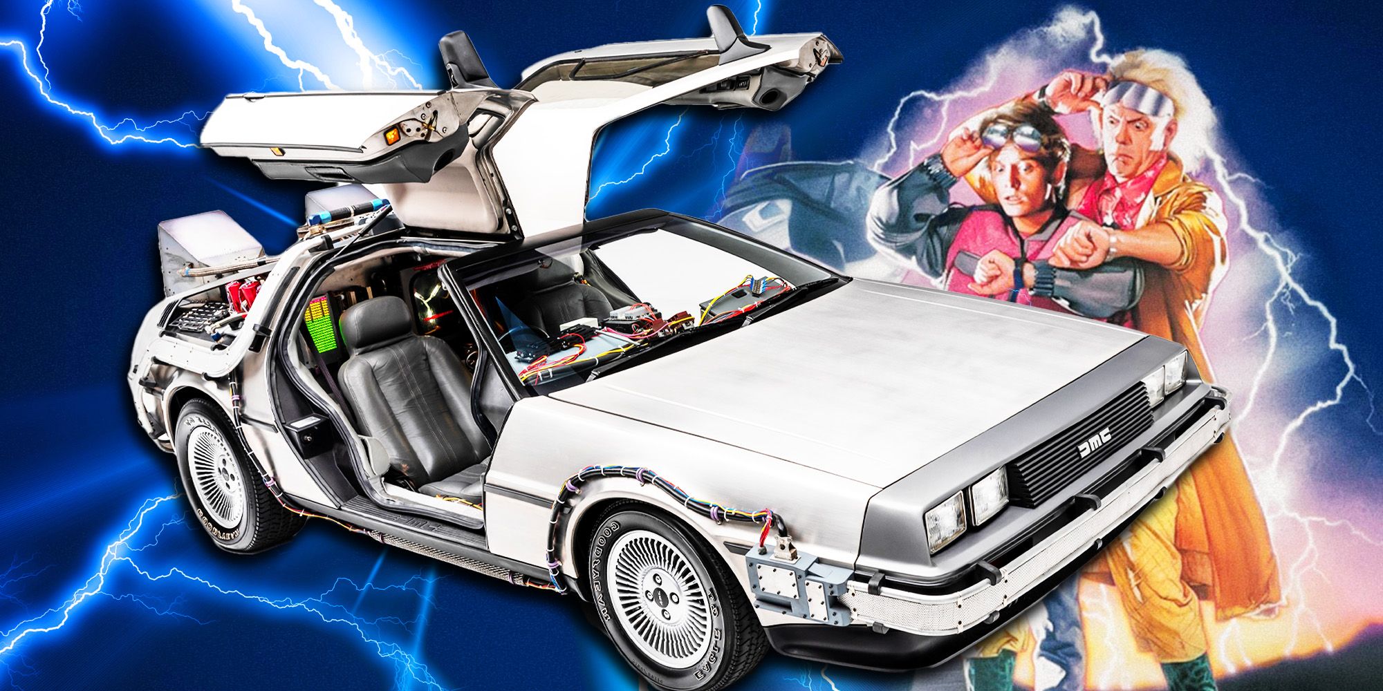 the delorean with Marty McFly and Doc from Back To the Future Part II