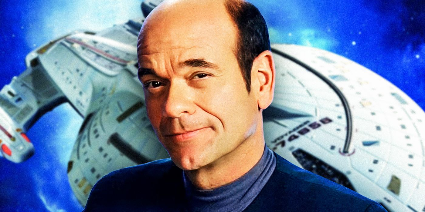 The Doctor (Robert Picardo) from Star Trek: Voyager stands looking out at the camera with the USS Voyager and a blue star field in the background.