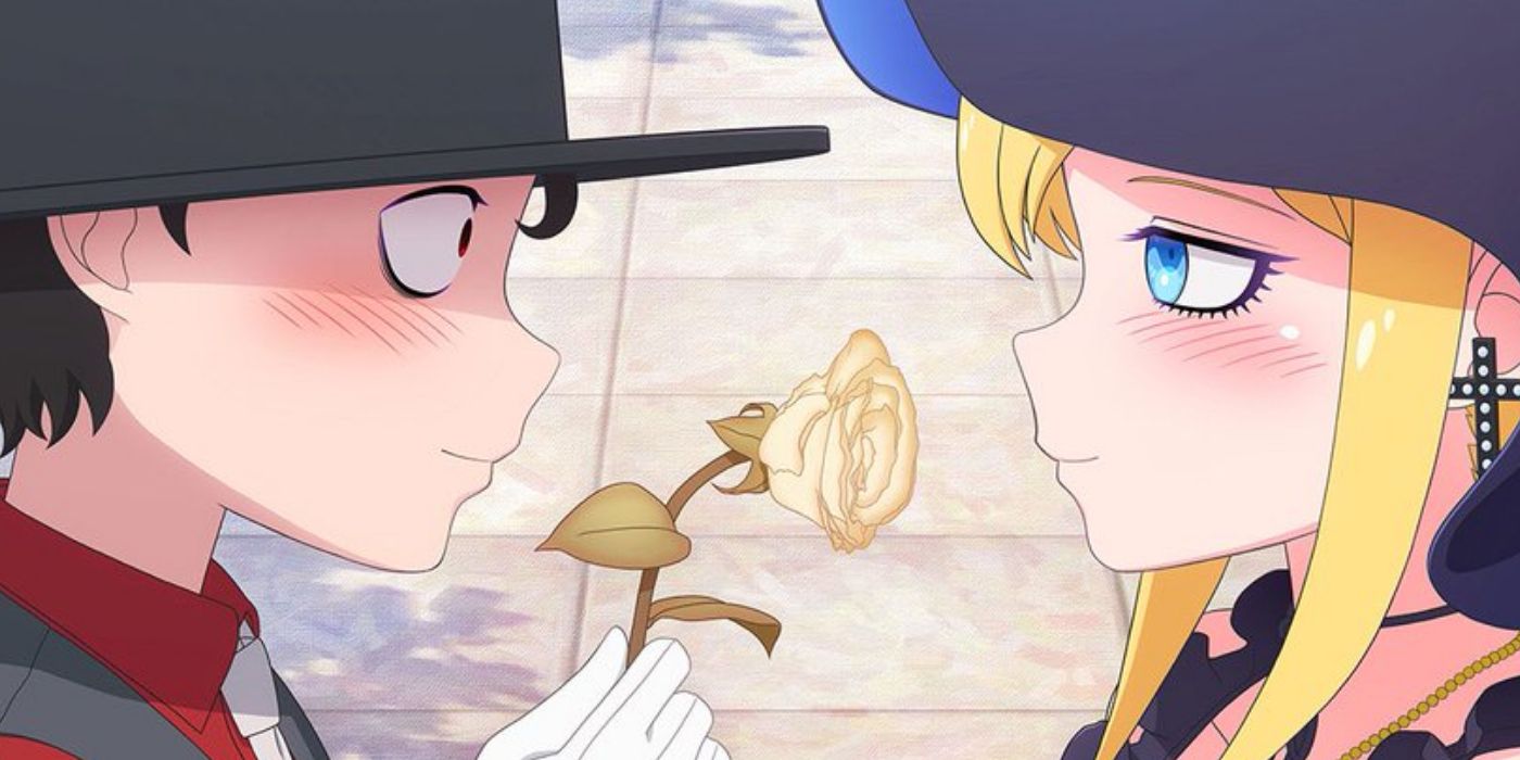 The Duke of Death and His Maid key anime visual featuring the duke, wearing a tall hat, handing a dead rose to his maid as the two blush.