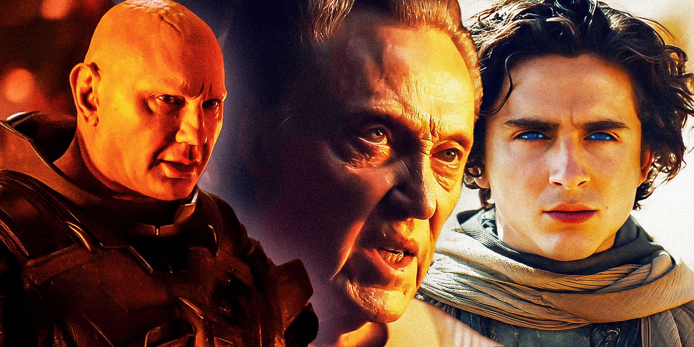 Dave Bautista as Beast Rabban, Christopher Walken as Emperor Shaddam IV, and Timothée Chalamet as Paul Atreides in Dune: Part Two.