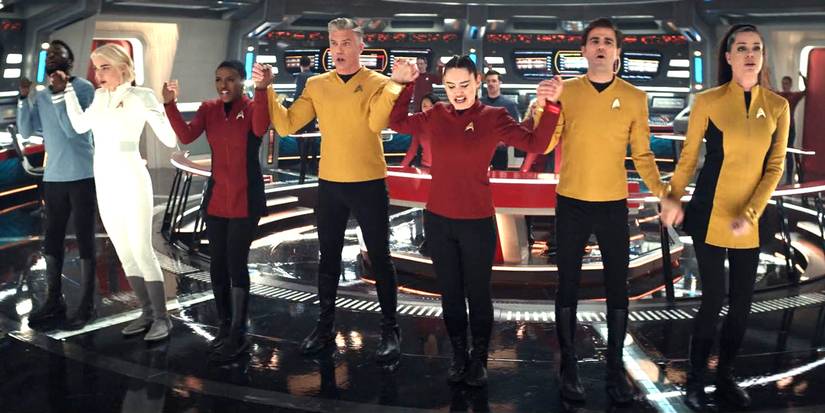 The Enterprise crew singing We Are One in Strange New Worlds musical