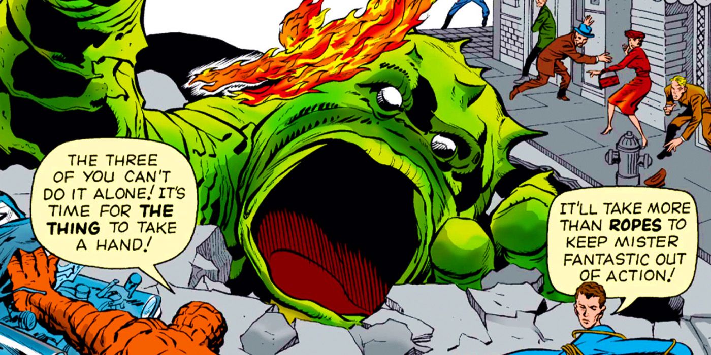 The Fantastic Four fighting Mole Man's monster in Marvel Comics