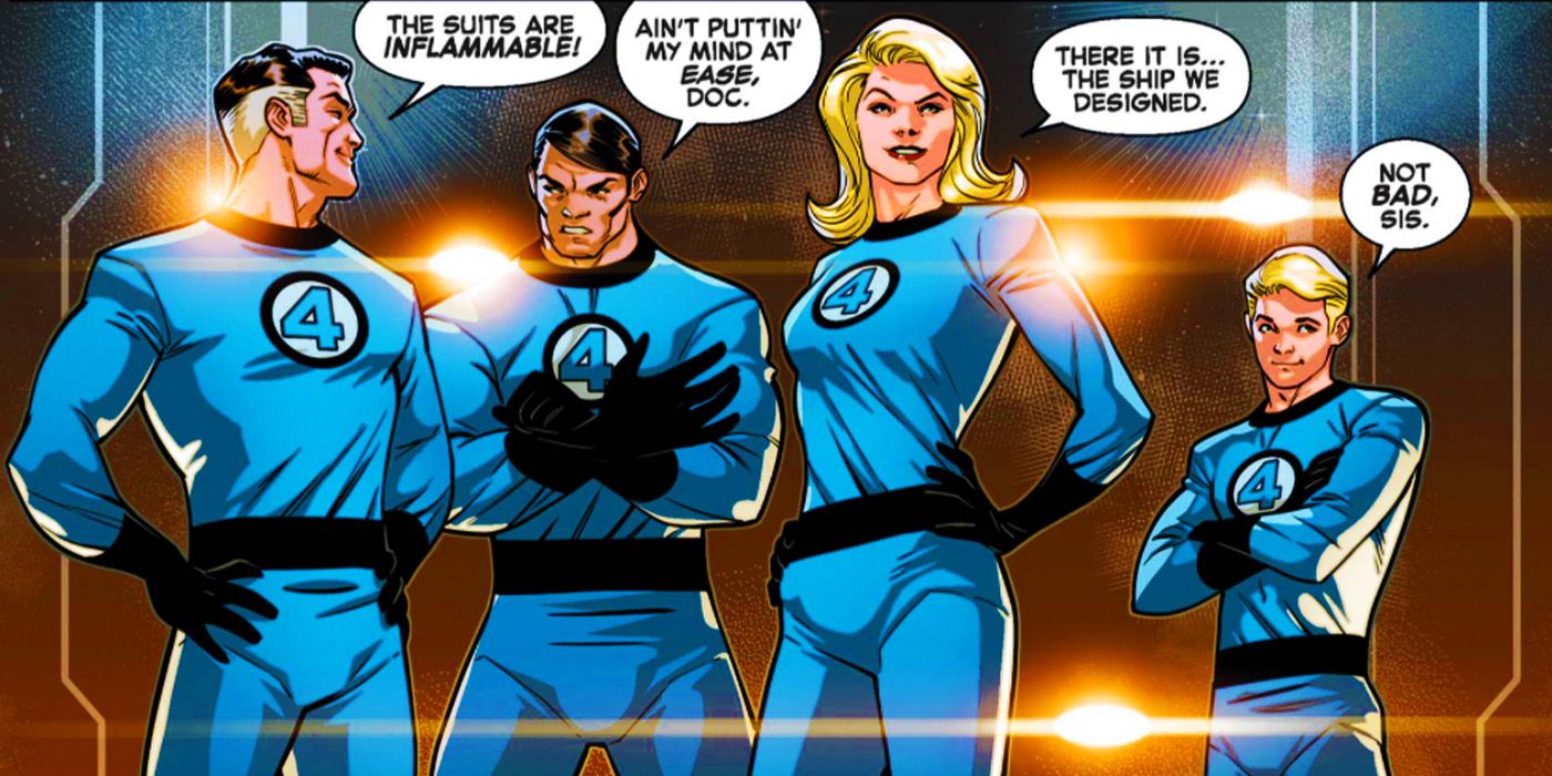 The Fantastic Four suiting up for the first time in Marvel Comics