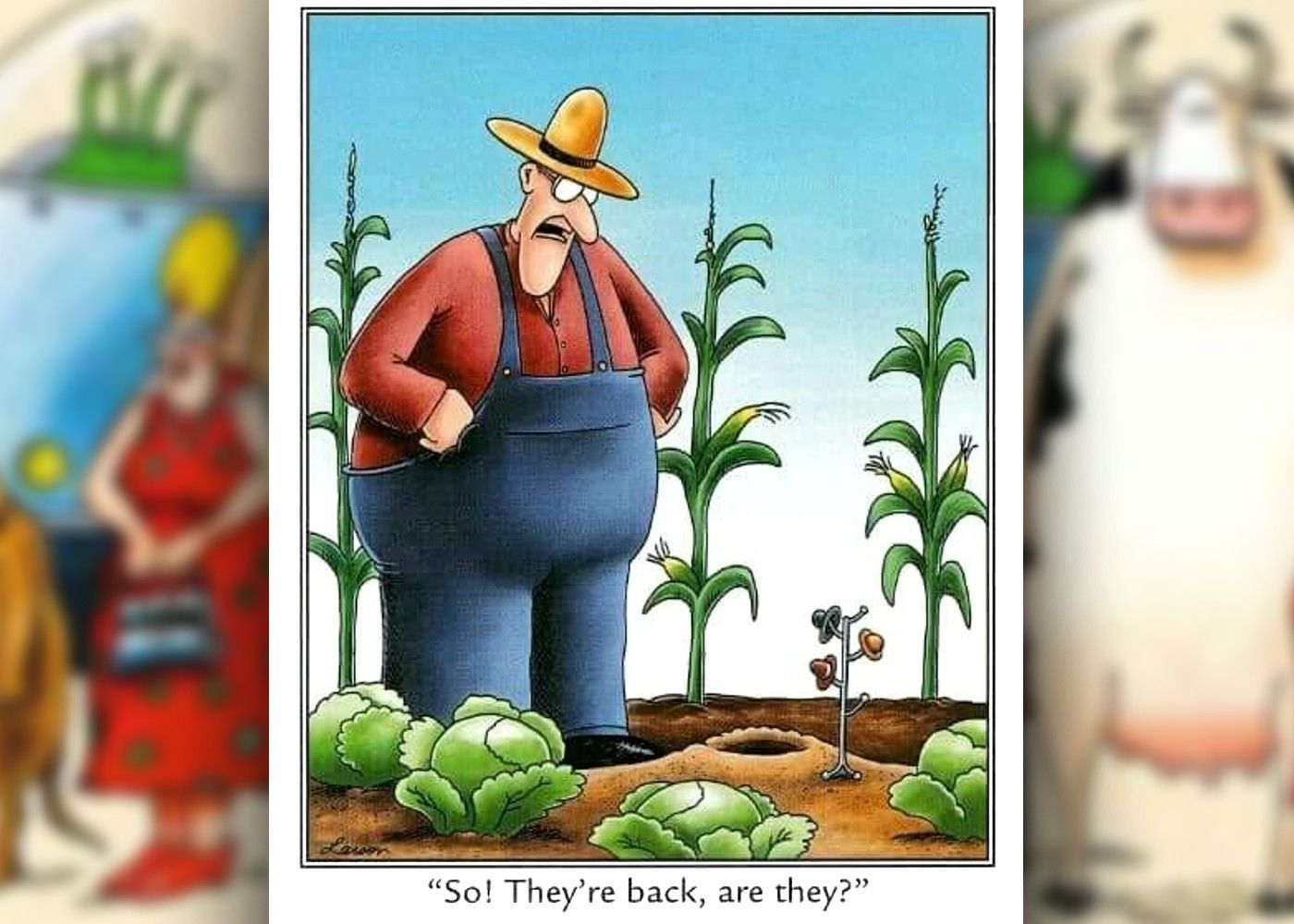 the far side comic where a farmer spots that tiny people have infected his crop