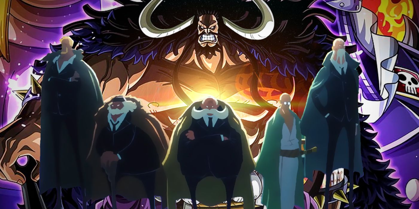 the five elders in one piece standing in a circle with kaido snarling in the background