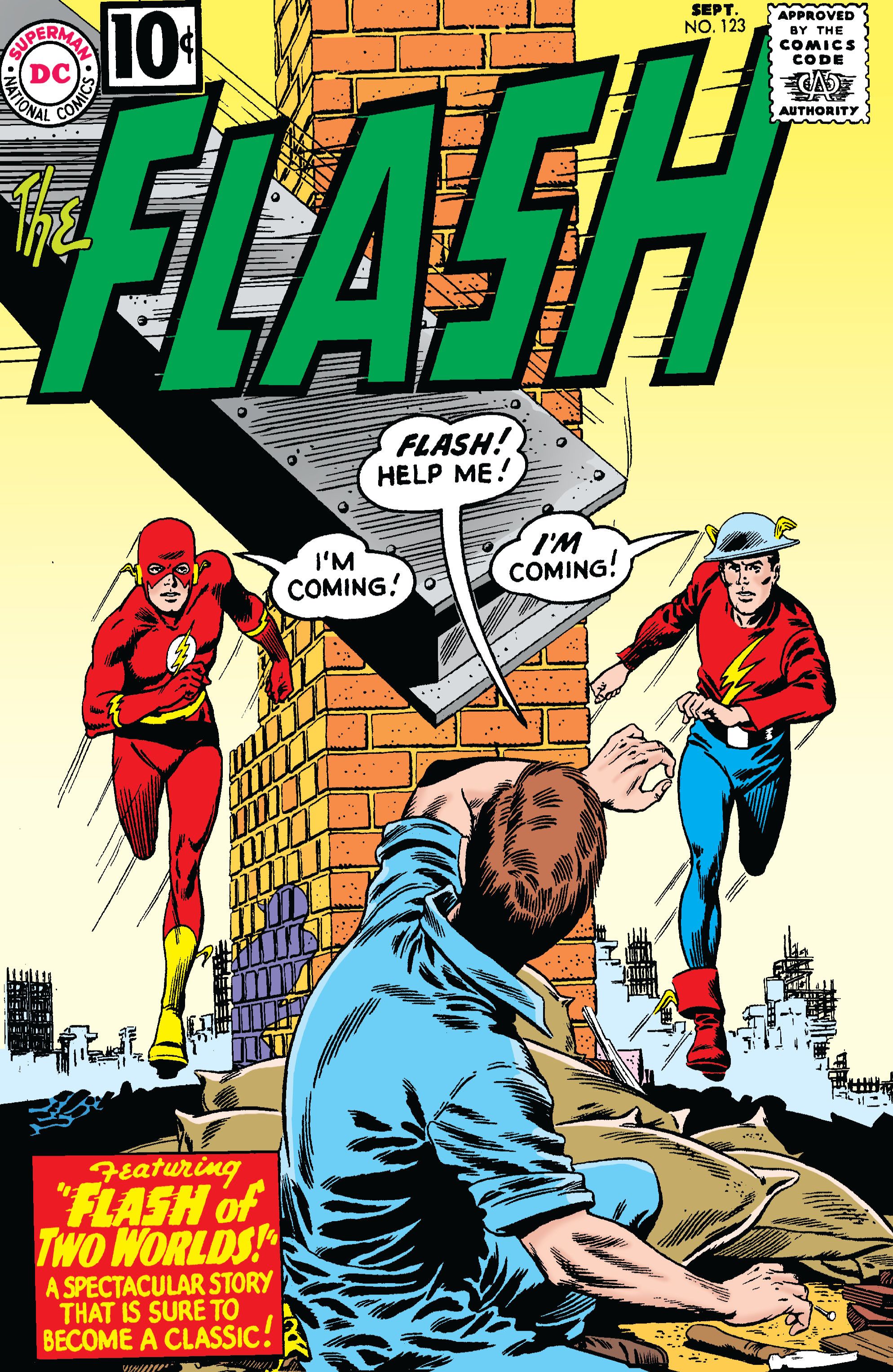 Capa de quadrinhos: Flash Barry Allen e Flash Jay Garrick correm paralelos um ao outro próximo a uma parede de tijolos para salvar um civil.