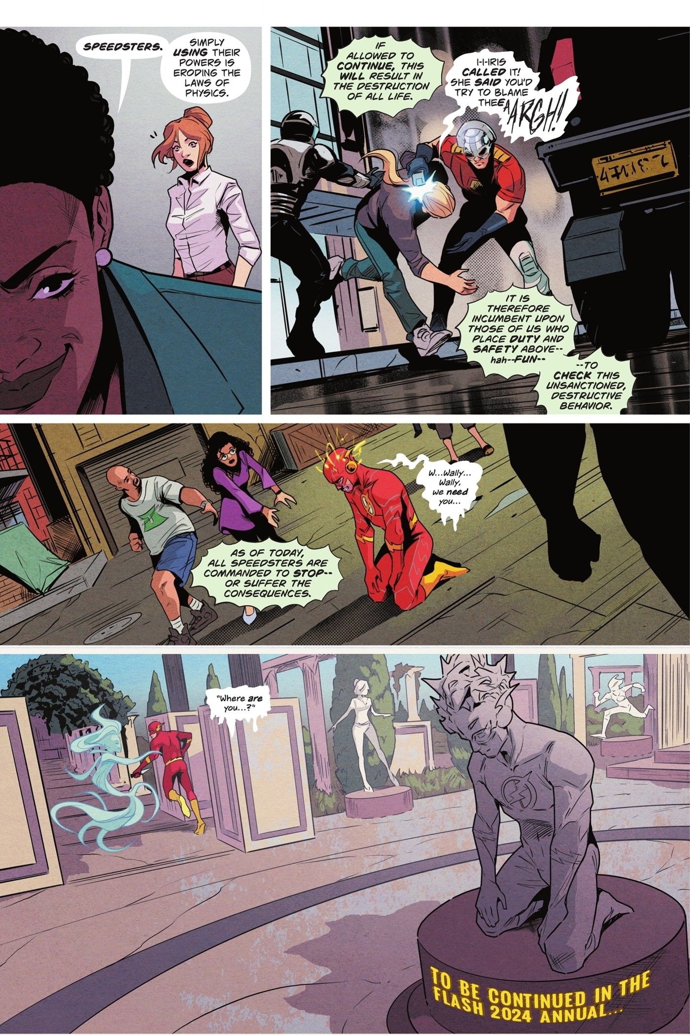 Four panels of Amanda Waller announcing a ban on speedsters.