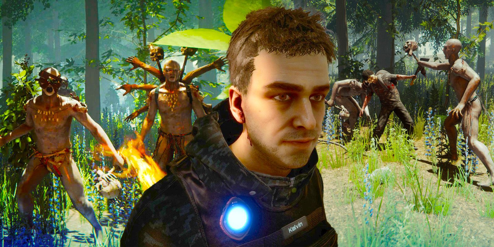 The Forest player character With Cannibals Behind Him