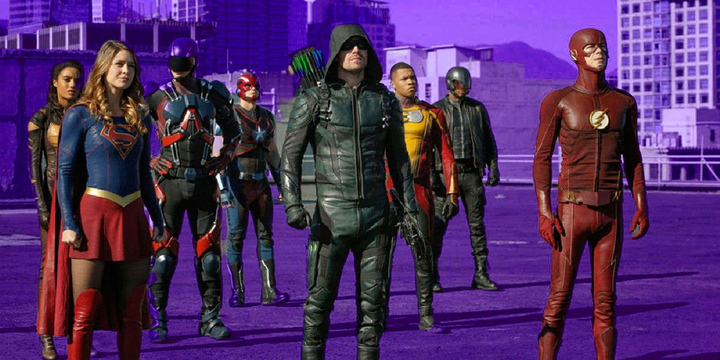 the full arrowverse line-up in front of a purple background
