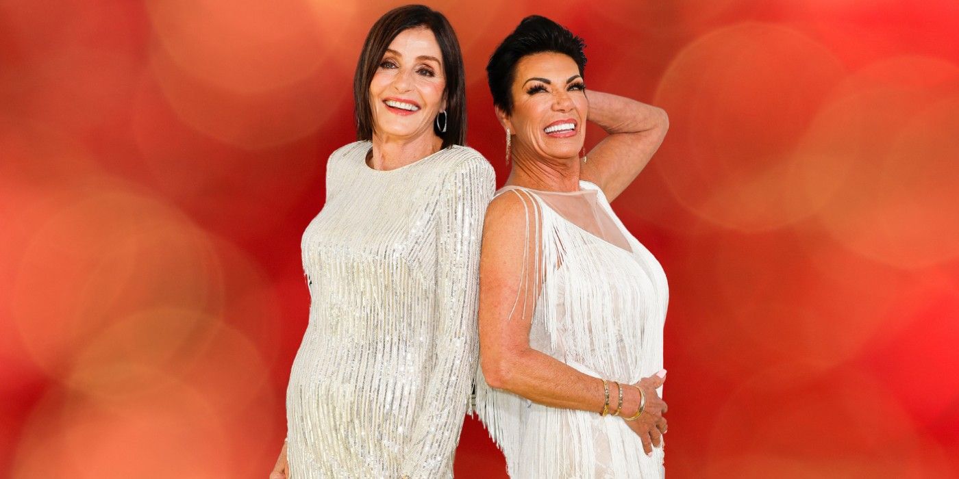 The Golden Bachelor Contestants Kathy Swarts and Susan Noles Posing In White Dresses In Front Of A Red Background