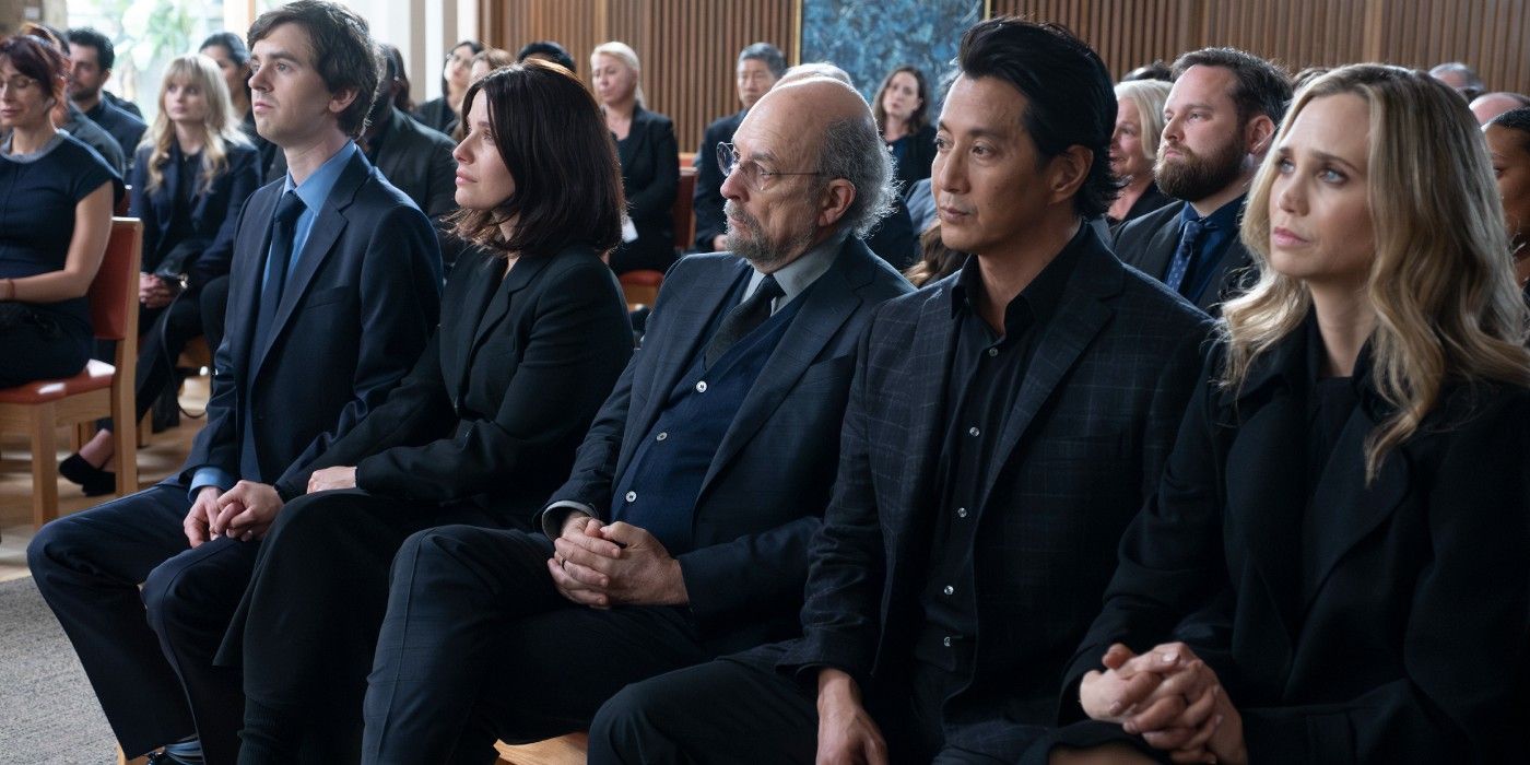 Dr. Shaun Murphy, Lea Dillalo-Murphy, Dr. Aaron Glassman, Dr. Alex Park, and Dr. Morgan Reznick attend a funeral in The Good Doctor season 7 episode 6, 