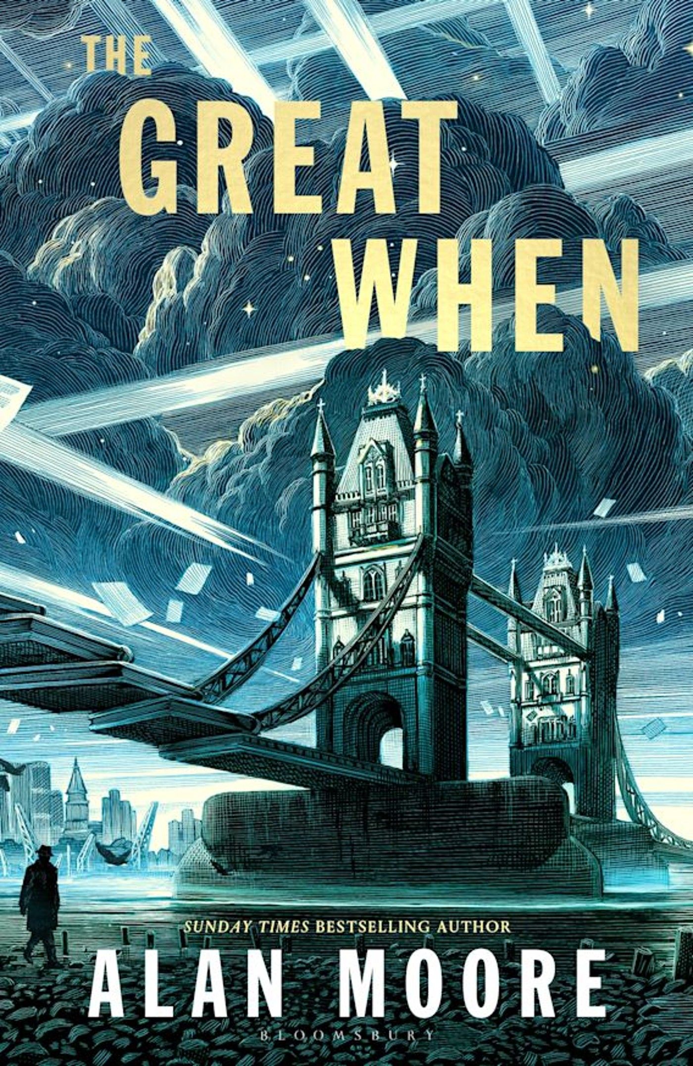 the great when book cover by alan moore - london bridge is surrounded by unusual cosmic warping and clouds