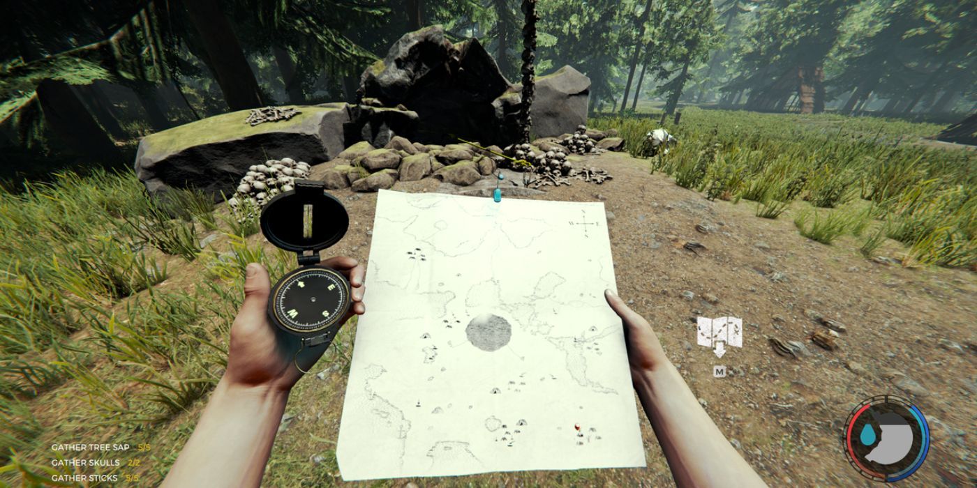 Player finding the Hanging Cave with map and compass in The Forest.
