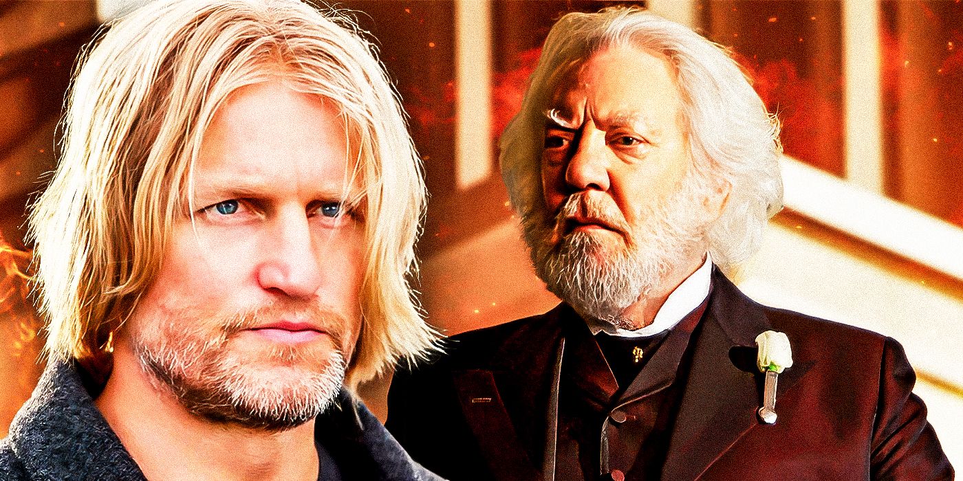Woody Harrelson as Haymitch Abernathy and Donald Sutherland as President Coriolanus Snow in The Hunger Games.