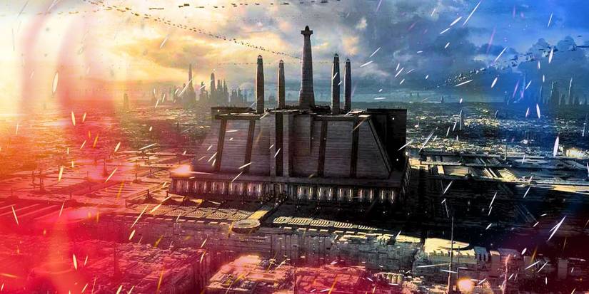The Jedi Temple on Coruscant in Star Wars edited with colors and sparkling lights