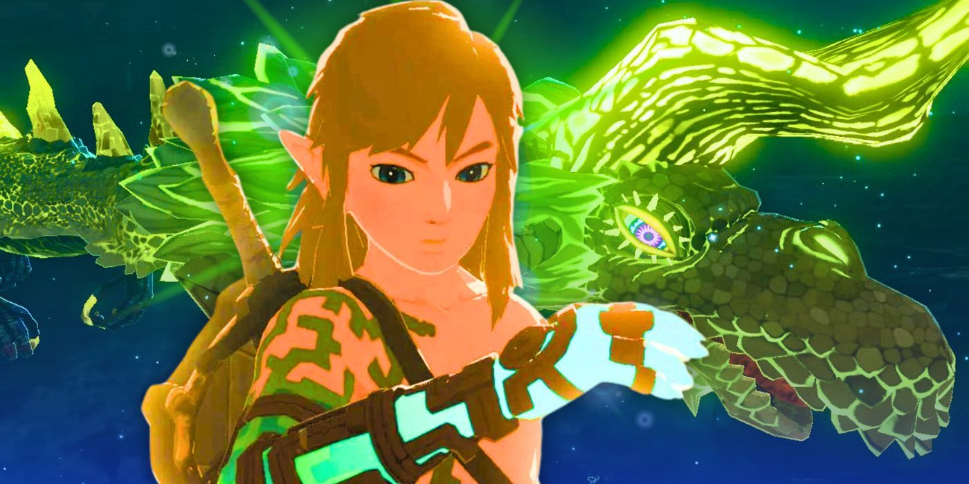 Zelda Tears of the Kingdom Link in from of the Lightning Dragon Farosh