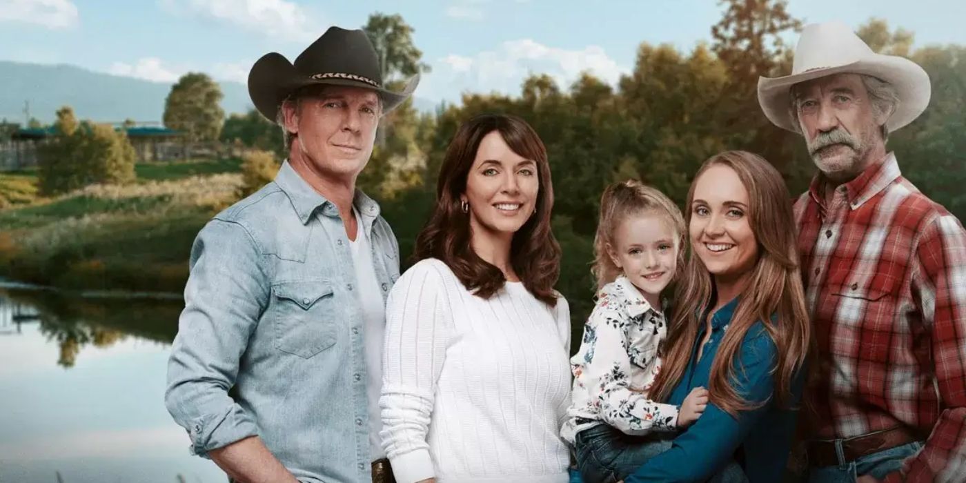 The main cast of Heartland season 16 posing and smiling in front of the ranch.