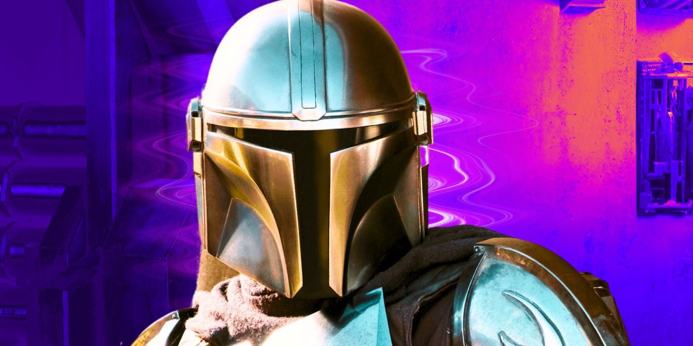 Pedro Pascal as Din Djarin in The Mandalorian in front of a pink and purple background