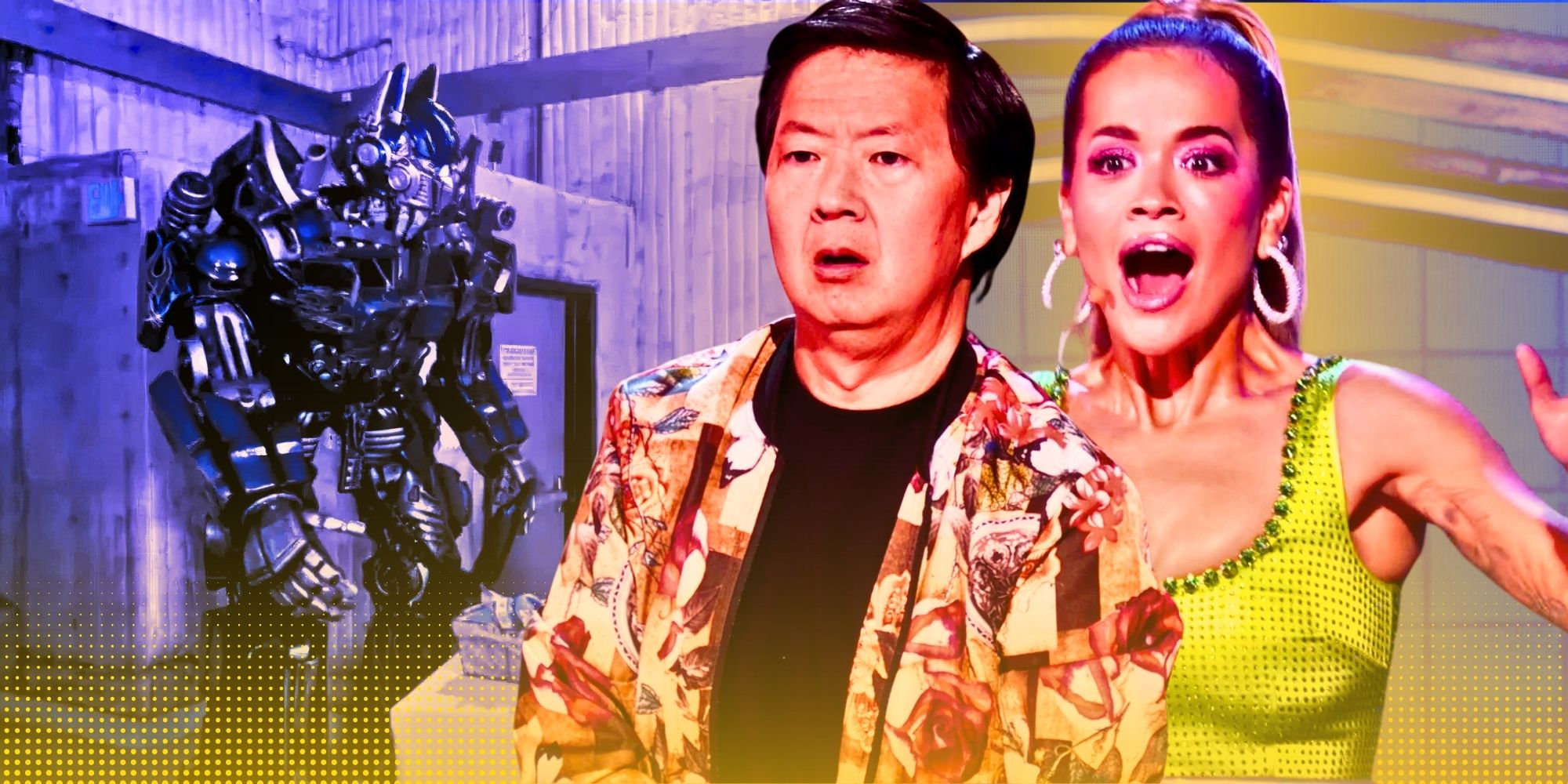 The Masked Singer panelists Ken Jeong and Rita Ora looking stunned with a Transformers character