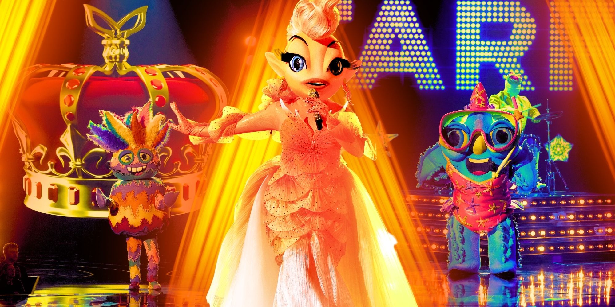 The Masked Singer's Goldfish and Starfish perform on stage.