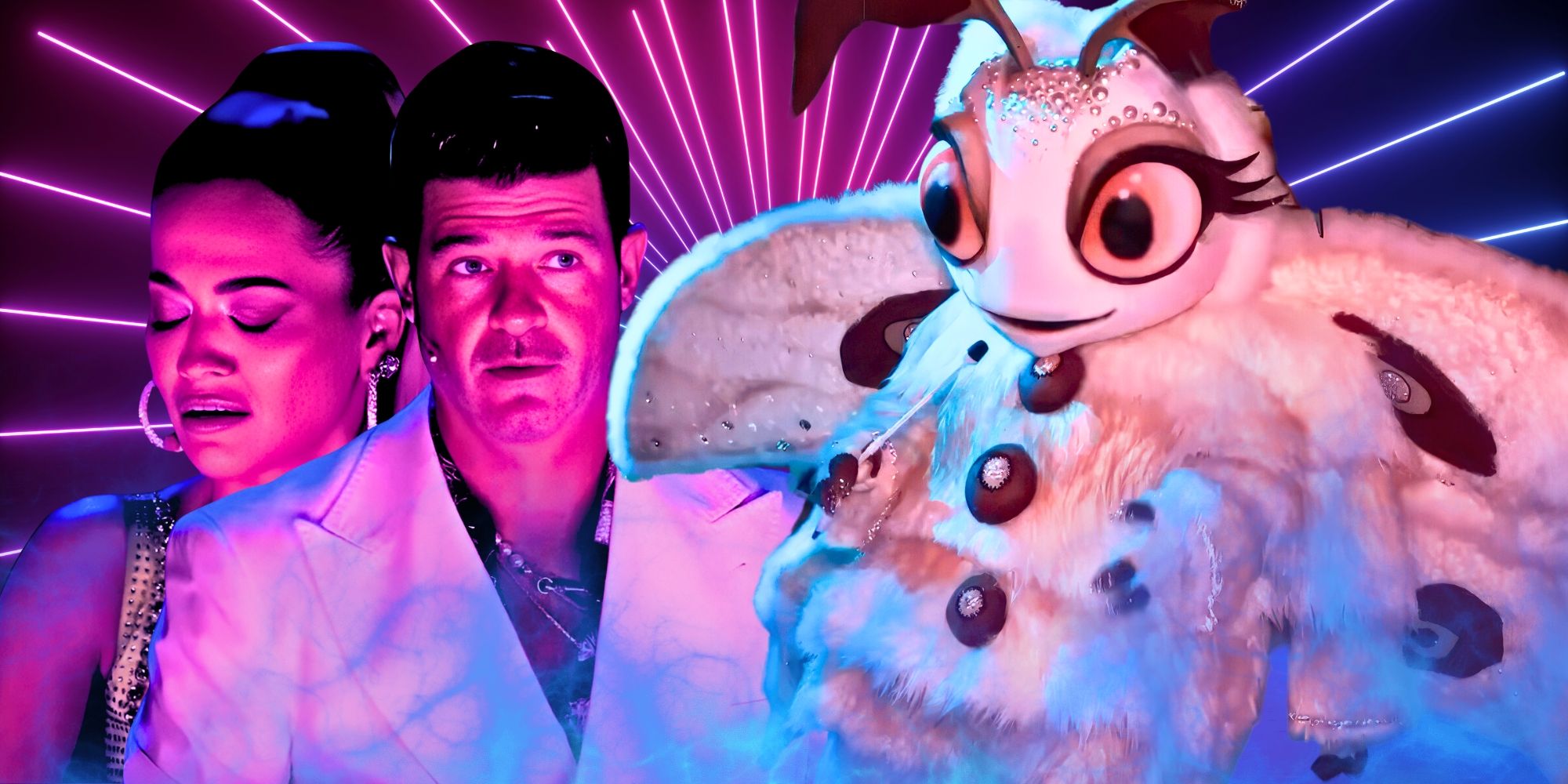The Masked Singer's Rita Ora with her eyes closed, Robin Thicke looking intently and Poodle Moth performing with a microphone