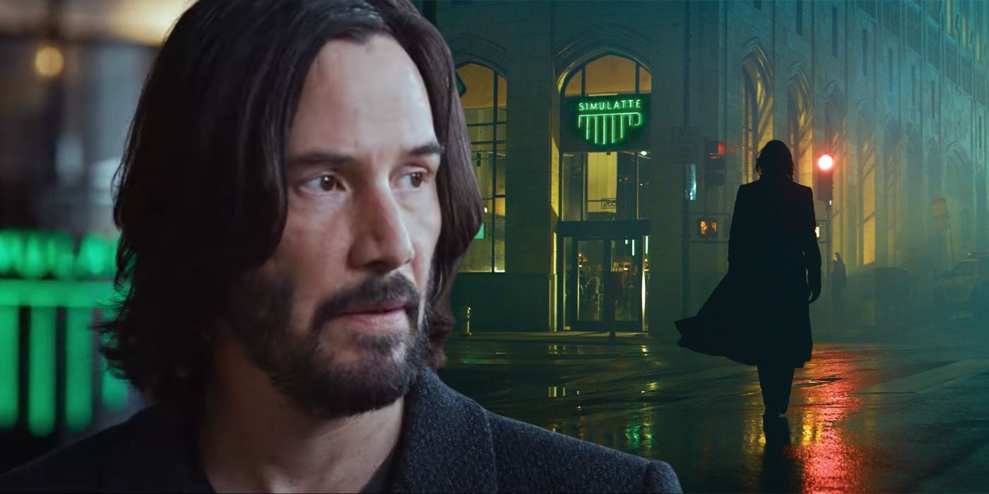 Uma imagem composta de Keanu Reeves como Neo olhando e andando em uma rua chuvosa em Matrix Revolutions