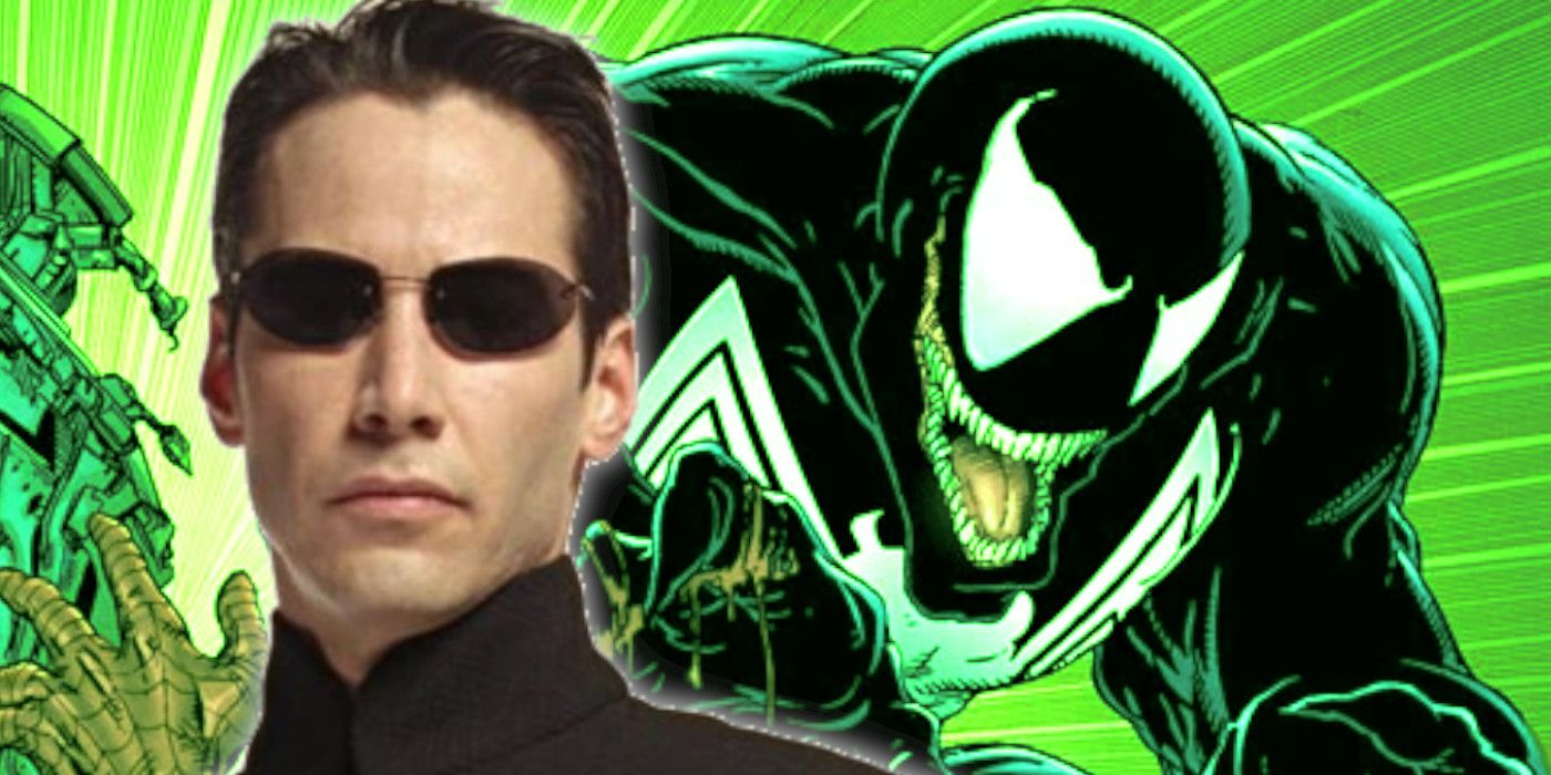 Neo from the Matrix (foreground) with Venom bathed in green light (background)