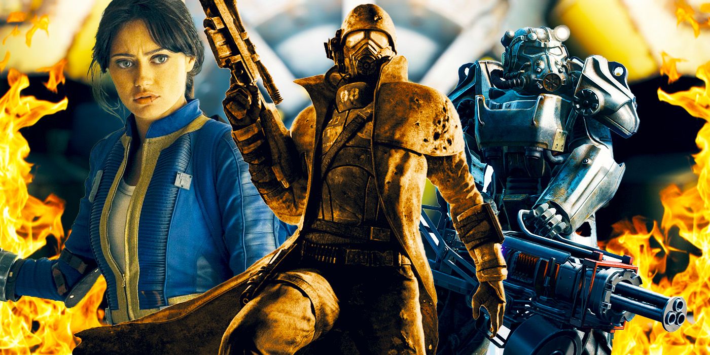 The NCR Ranger from the Fallout New Vegas, with Lucy from the Fallout show and a character wearing Power Armor in Fallout 4