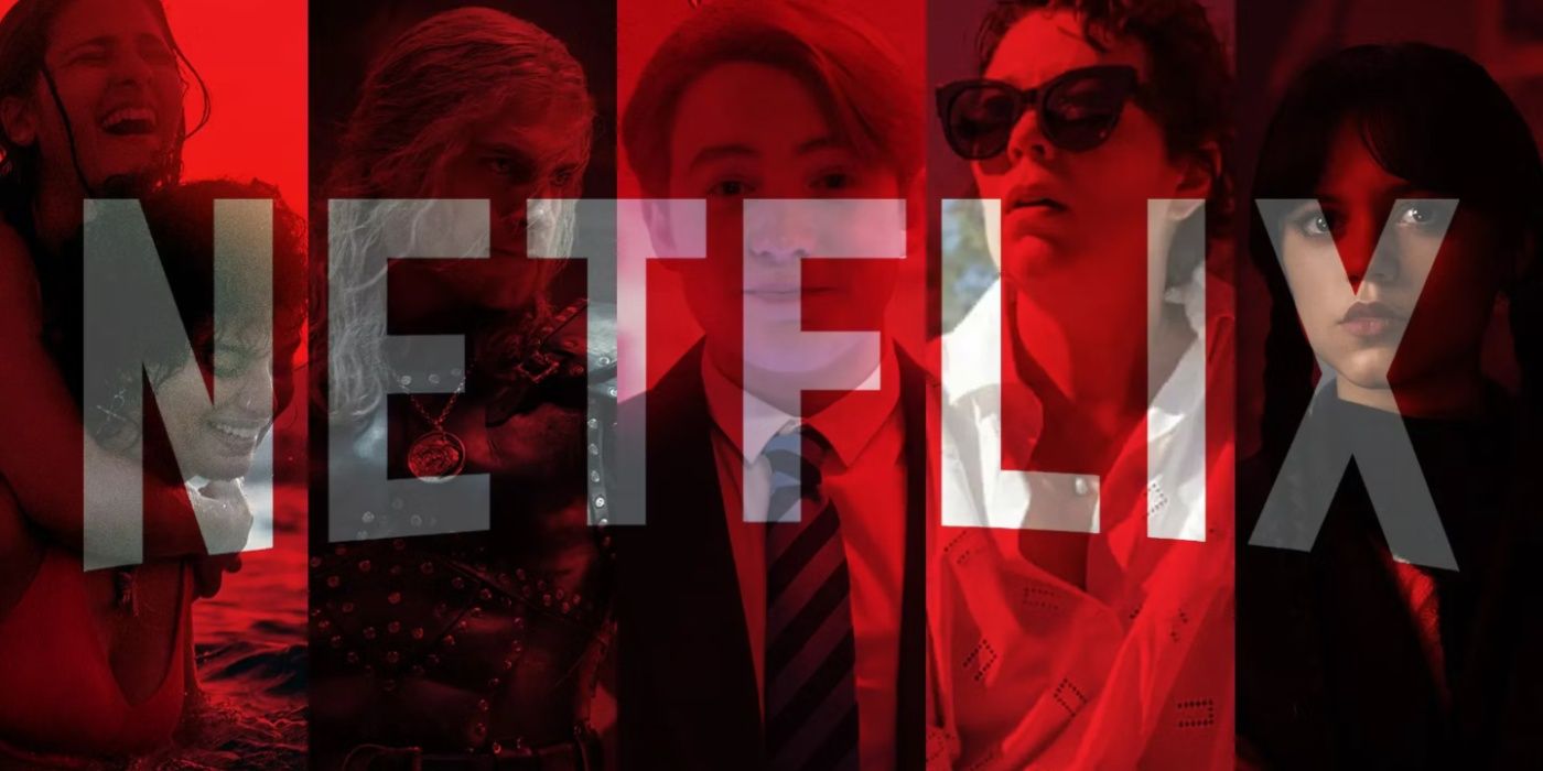 The Netflix logo overtop images from Netflix original TV shows and movies