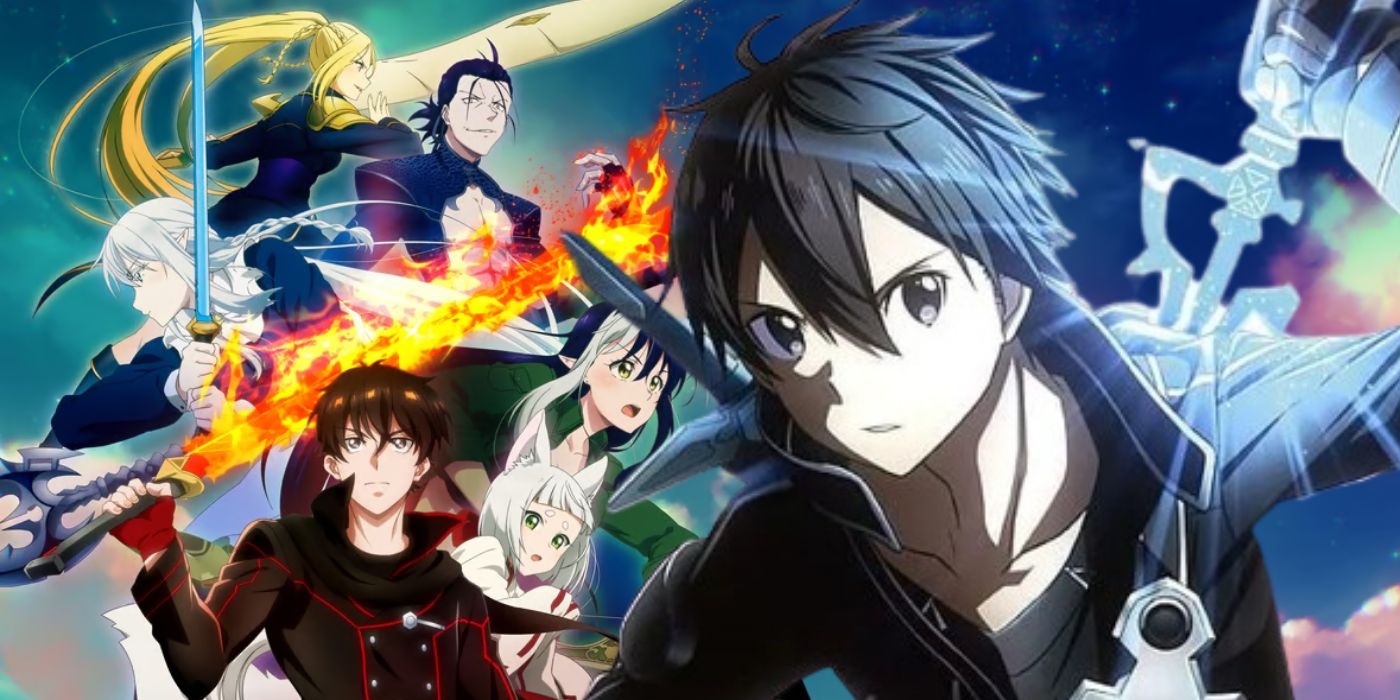 Collage style image featuring official artwork from The New Gate and Kirito from Sword Art Online