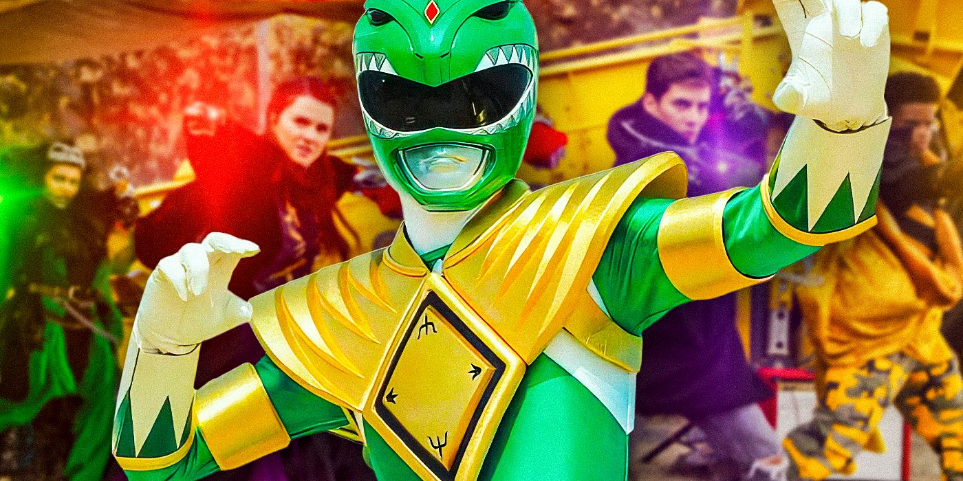 Green Ranger Tommy in front of the Cosmic Fury Rangers