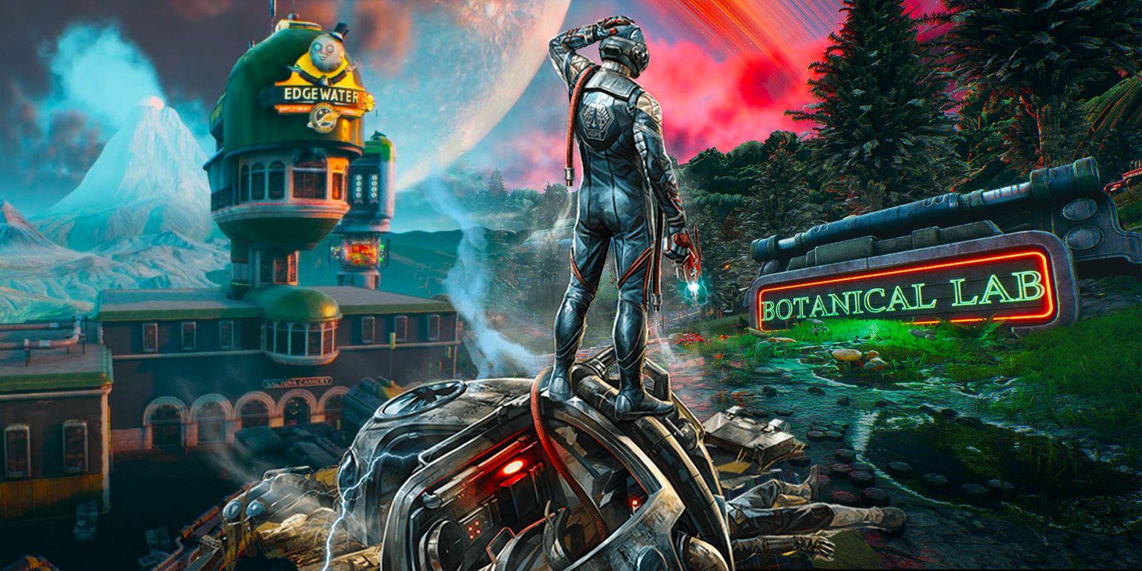 The Outer Worlds: The protagonist standing in between Edgewater and Botanical