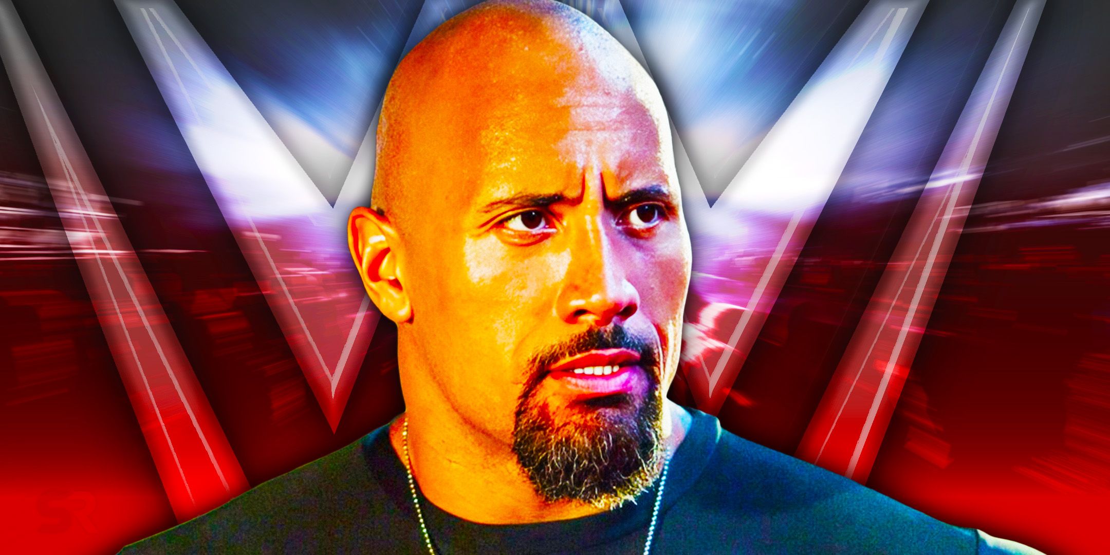 The Rock as Luke Hobbs in Fast & Furious in front of a WWE logo