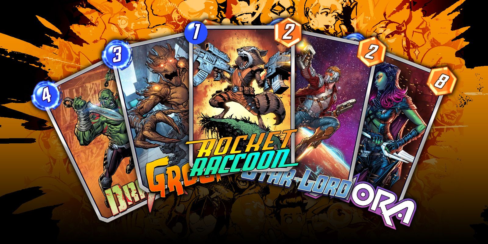 The Rocket Racoon, Groot, Starlord, Drax, & Gamora cards from Marvel Snap