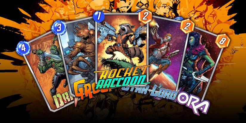 The Rocket Racoon, Groot, Starlord, Drax, & Gamora cards from Marvel Snap