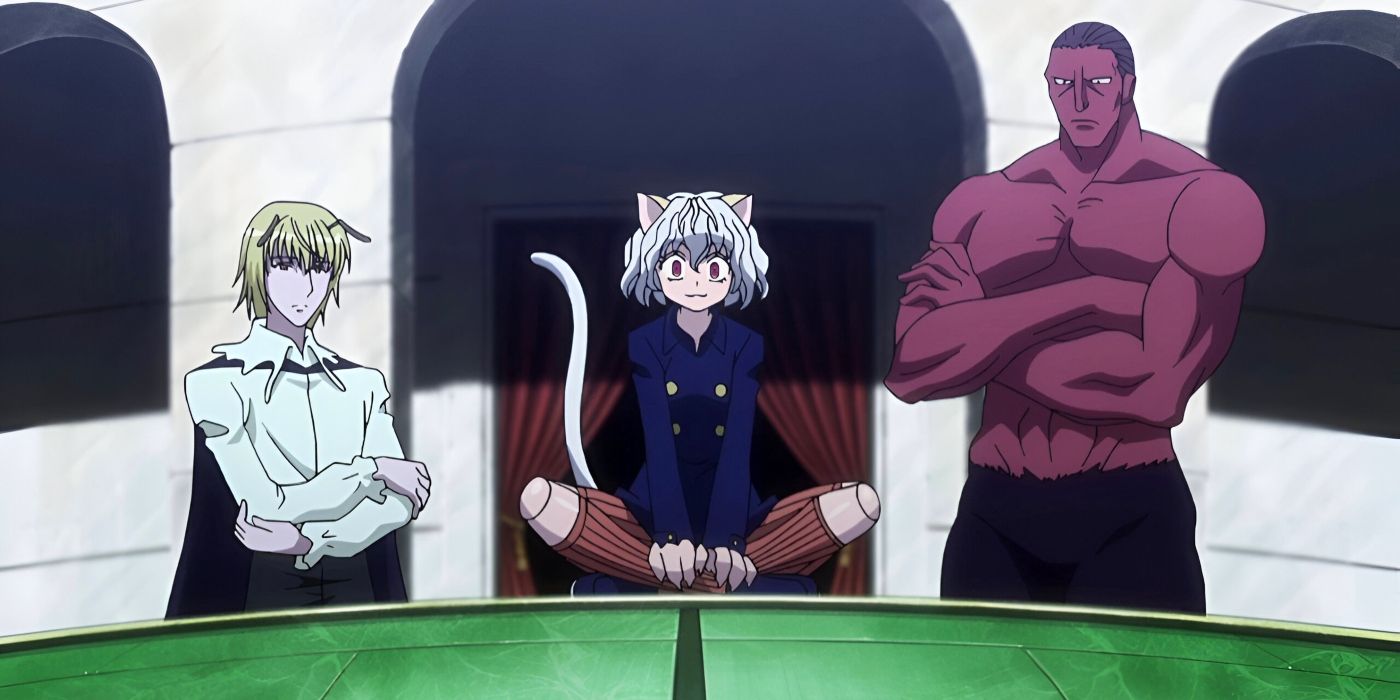 The Chimera Ant Royal Guards, Neferpitou, Shaiapouf, and Menthuthuyoupi gather in the Royal Palace of East Gorteau to watch the Selection in Hunter x Hunter.