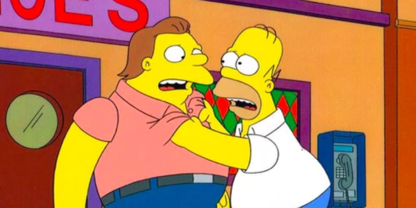Barney Gumble parece surpreso quando Homer o agarra em Os Simpsons 