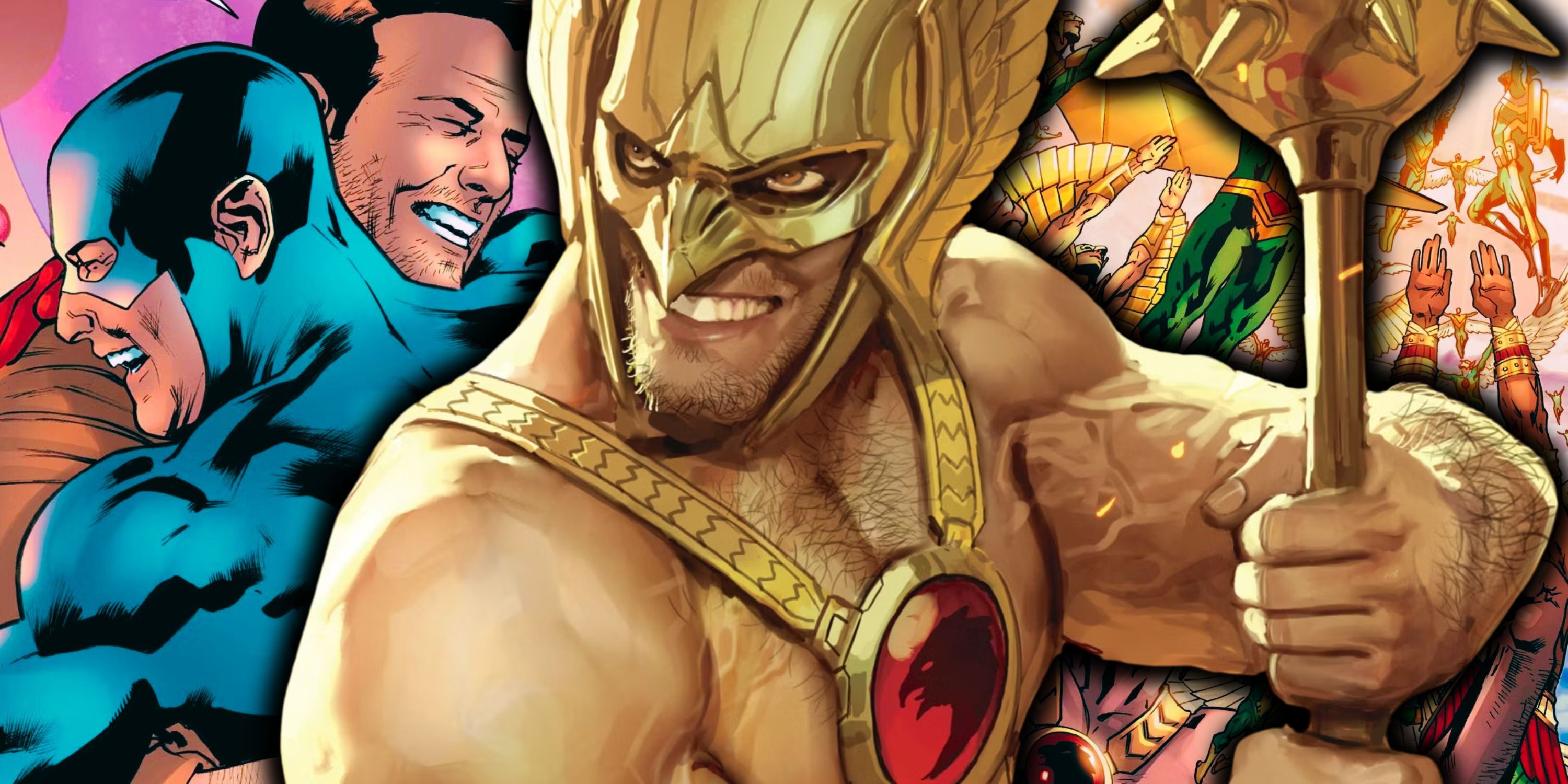 Composite image Hawkman and Atom, Hawkman&rsquo;s past selves and Hawkman holding his mace