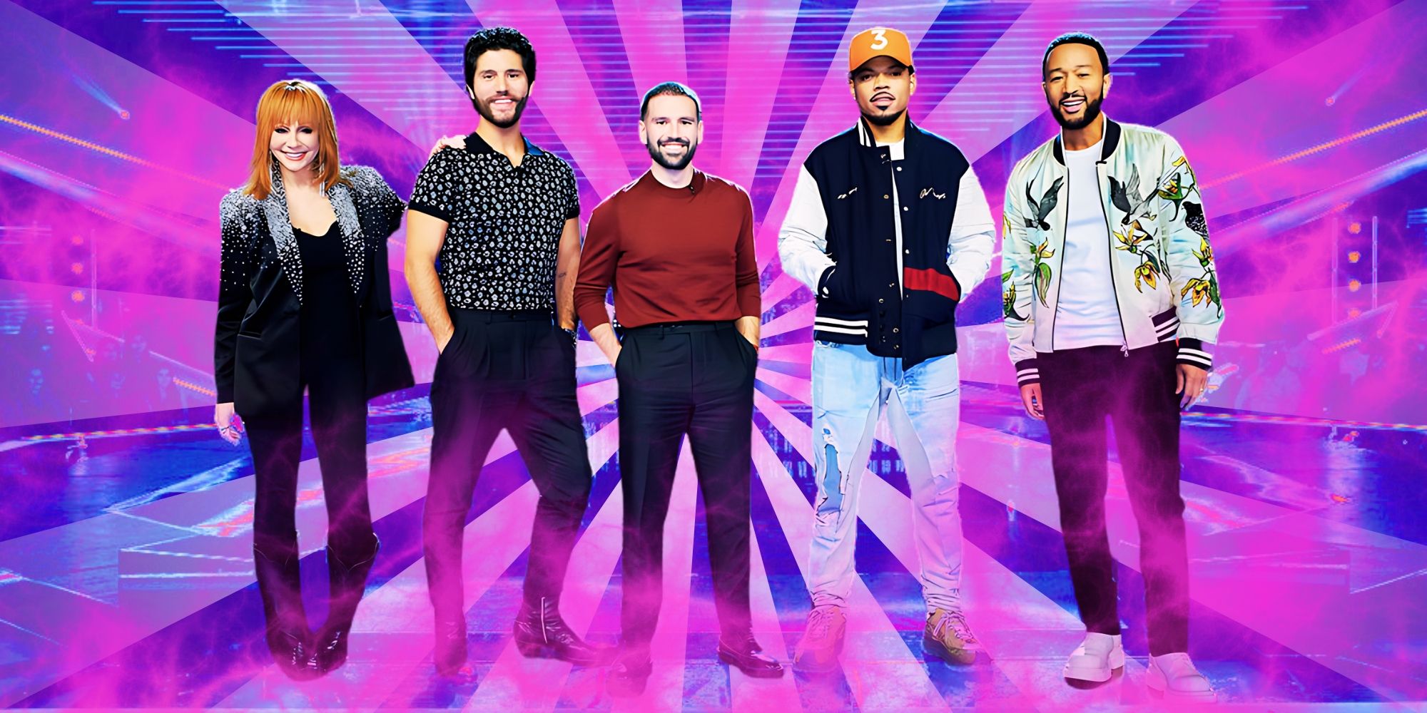 the voice judges including john legend and chance the rapper reba mcintyre montage with pink and blue background
